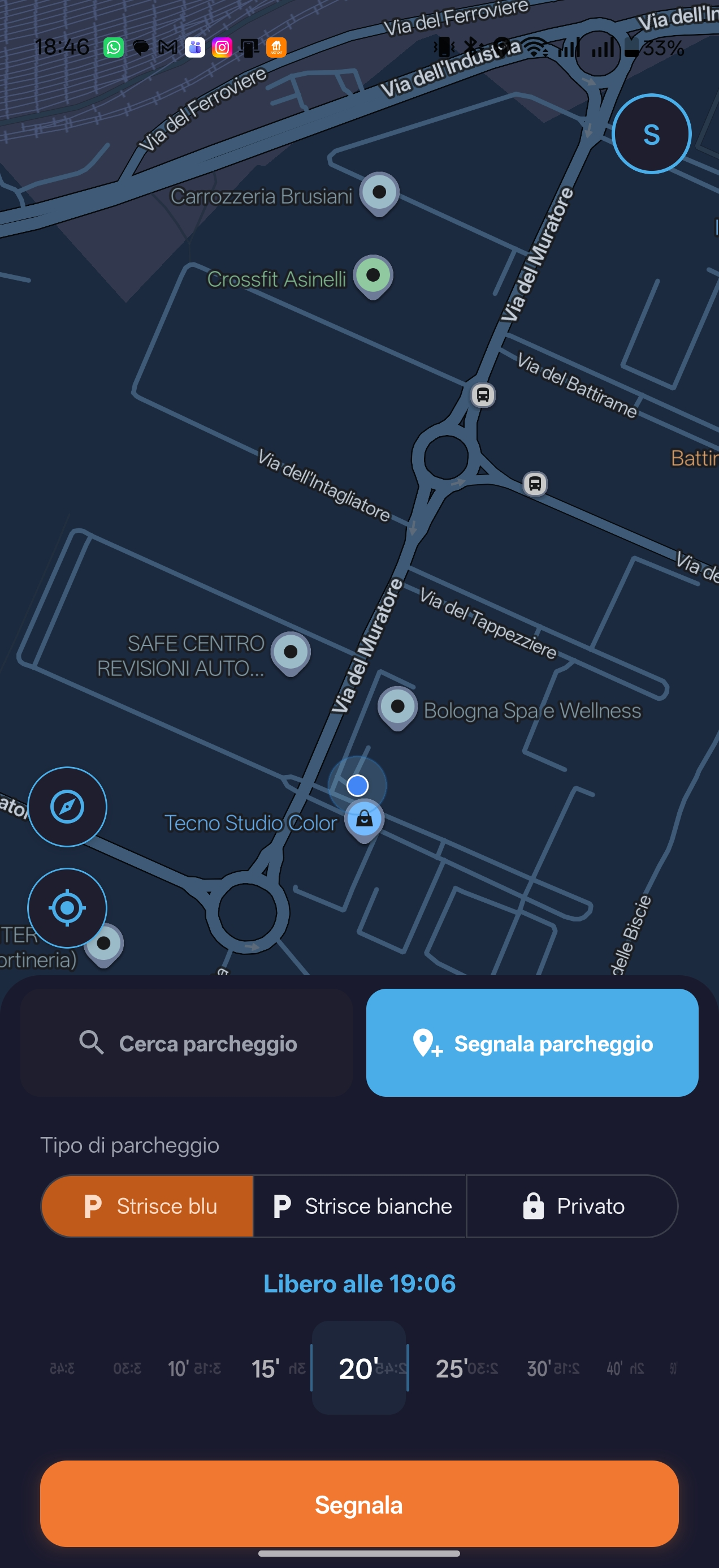 Schermata di segnalazione del parcheggio